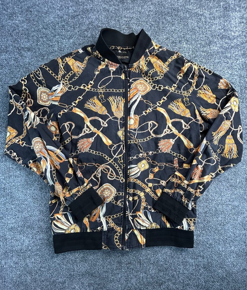 Denim and Flower Ricky Singh Bomber Jacket Chain Print Full Zip Mens M